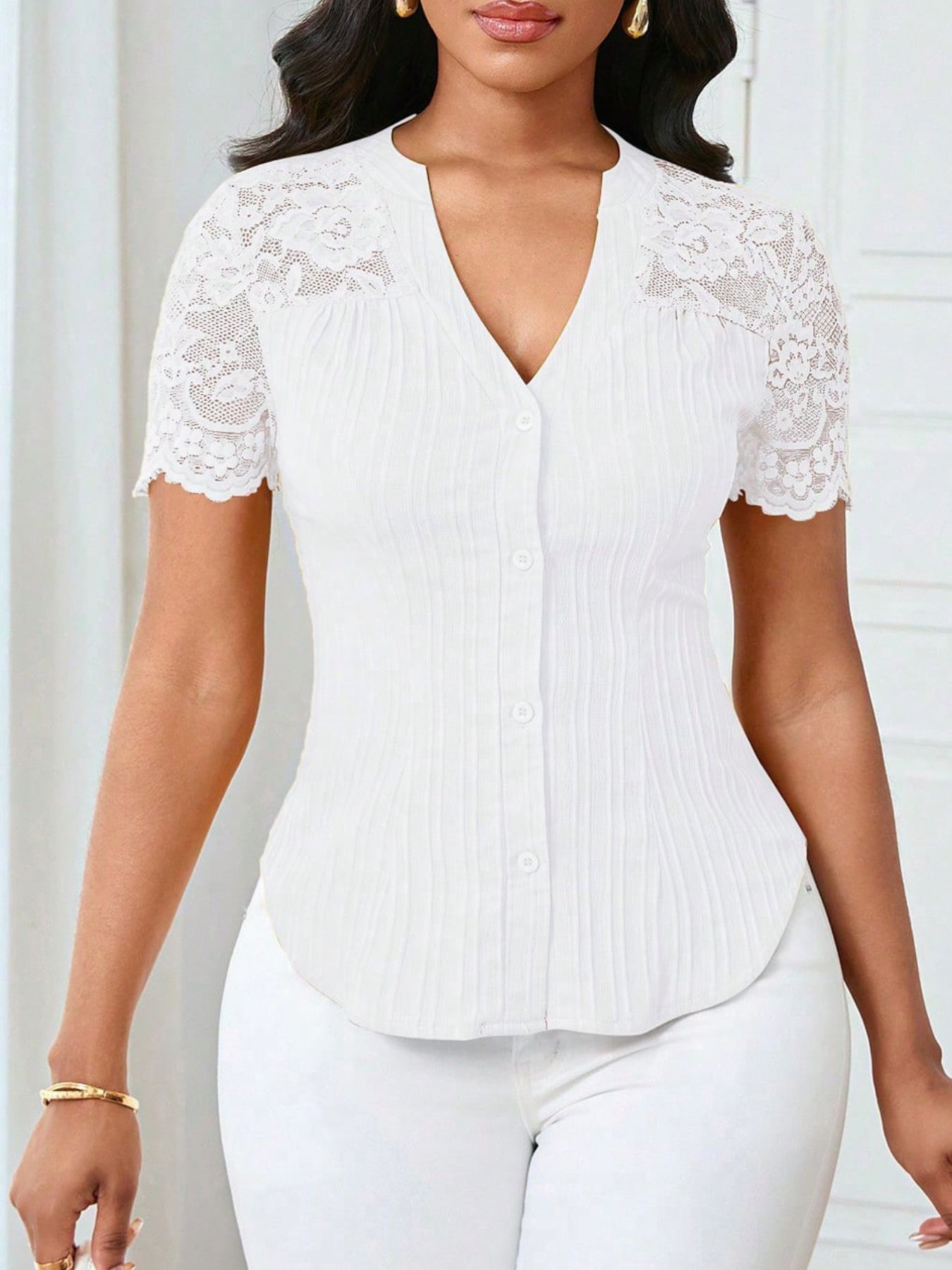 Lace Sleeve Button Up Shirt