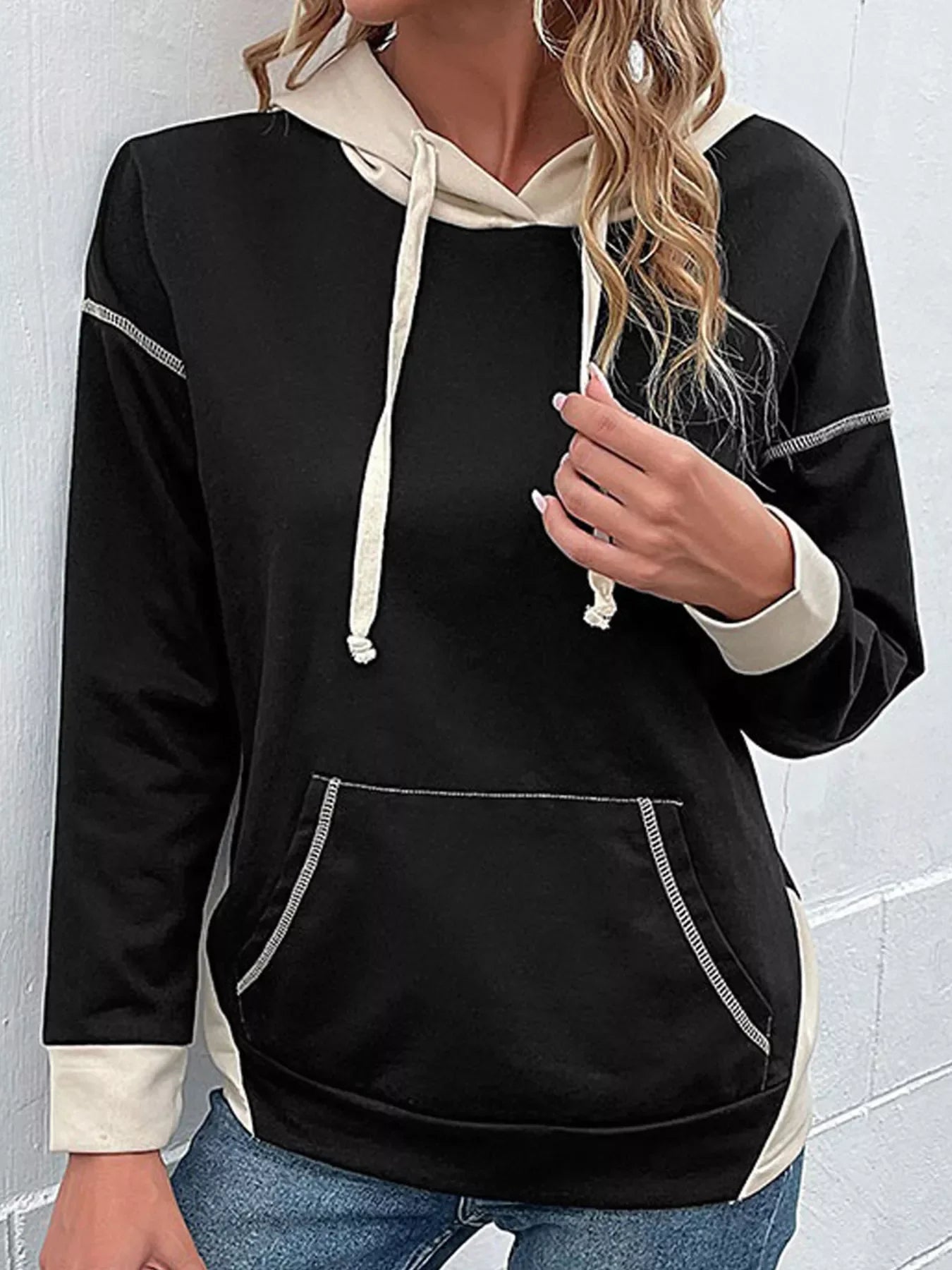 Color Block Hoodie with Drawstring and Kangaroo Pocket