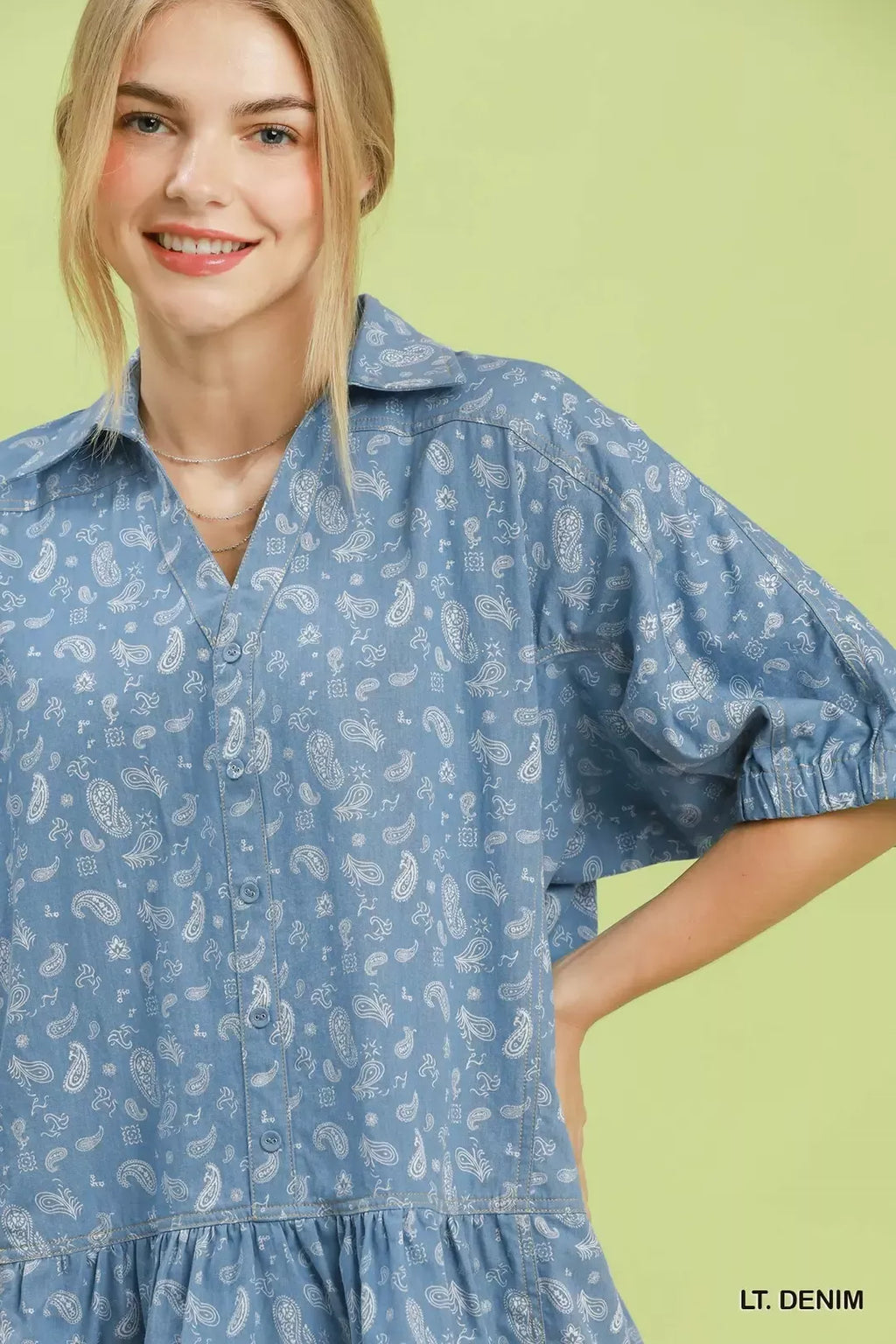 Umgee Paisley Print Chambray Top