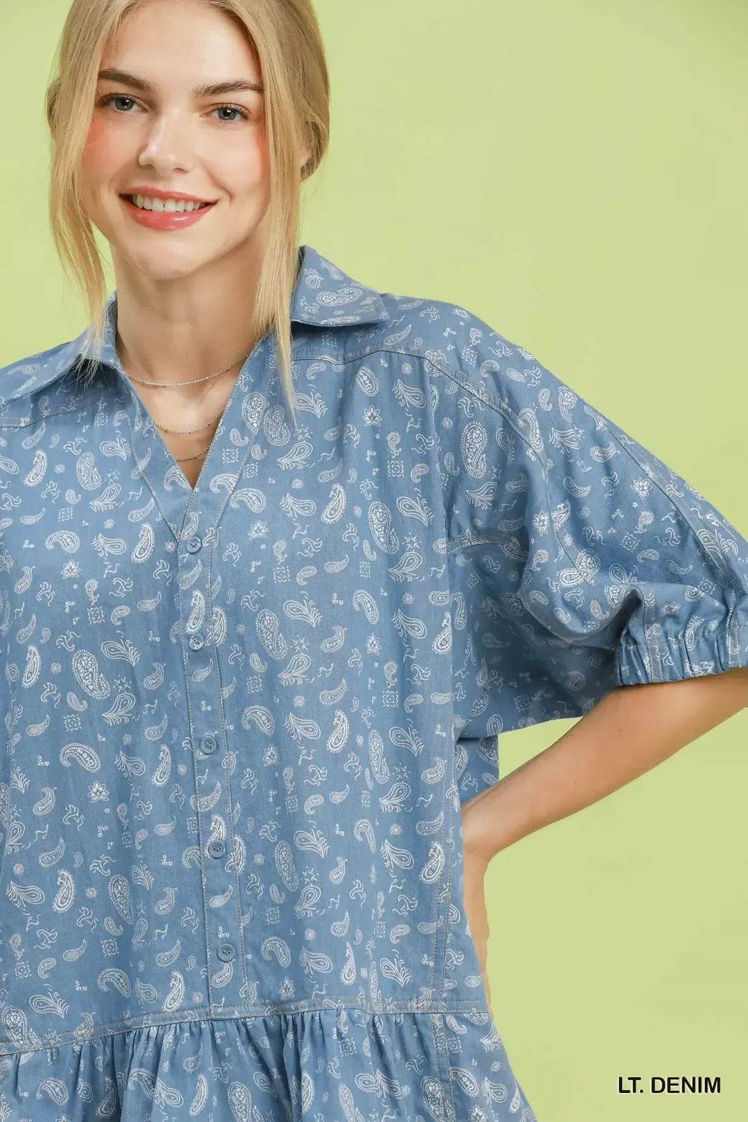 Umgee Paisley Print Chambray Top