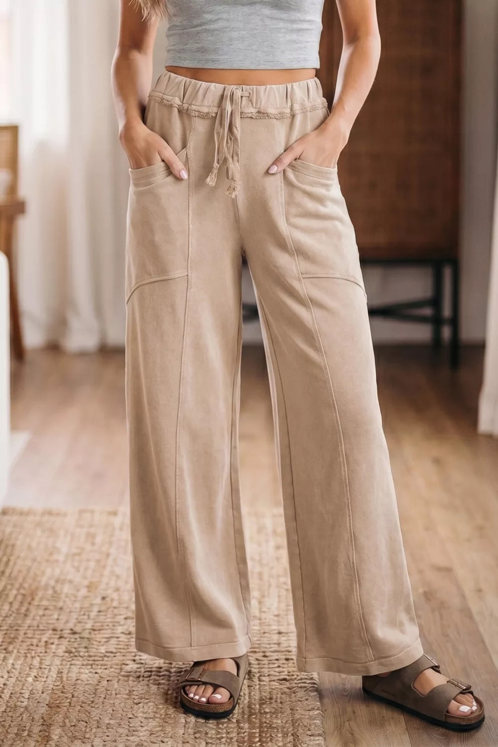 Mineral Wash Drawstring Retro High Waist Wide Leg Western Pants