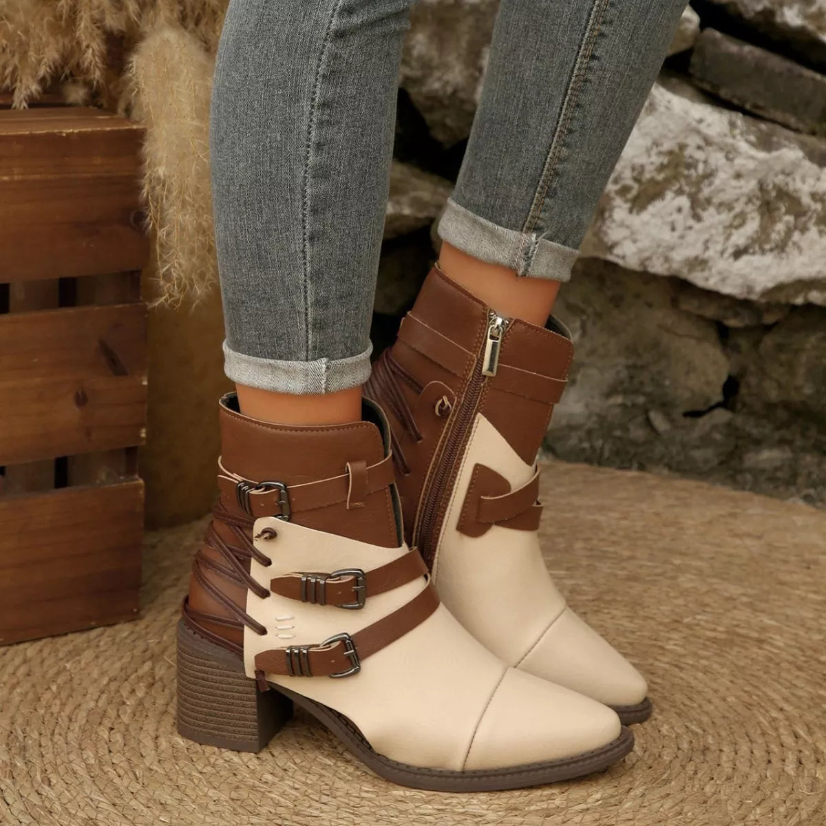Point Toe Buckle Strap Ankle Boots with Block Heels