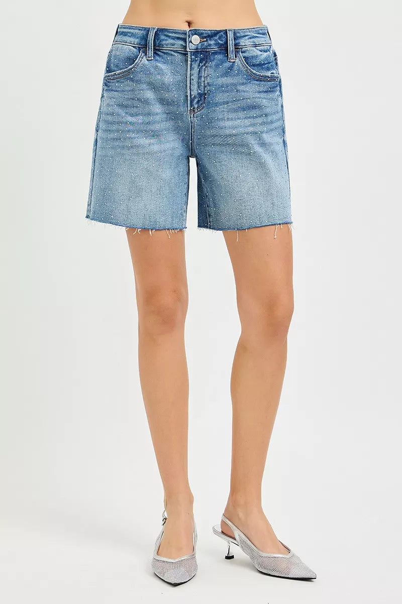 RISEN Slouchy Mid Length All Over Rhinestones Shorts