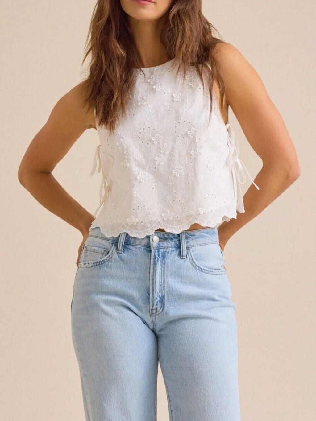 Eyelet Embroidered Scalloped Hem Tank Top