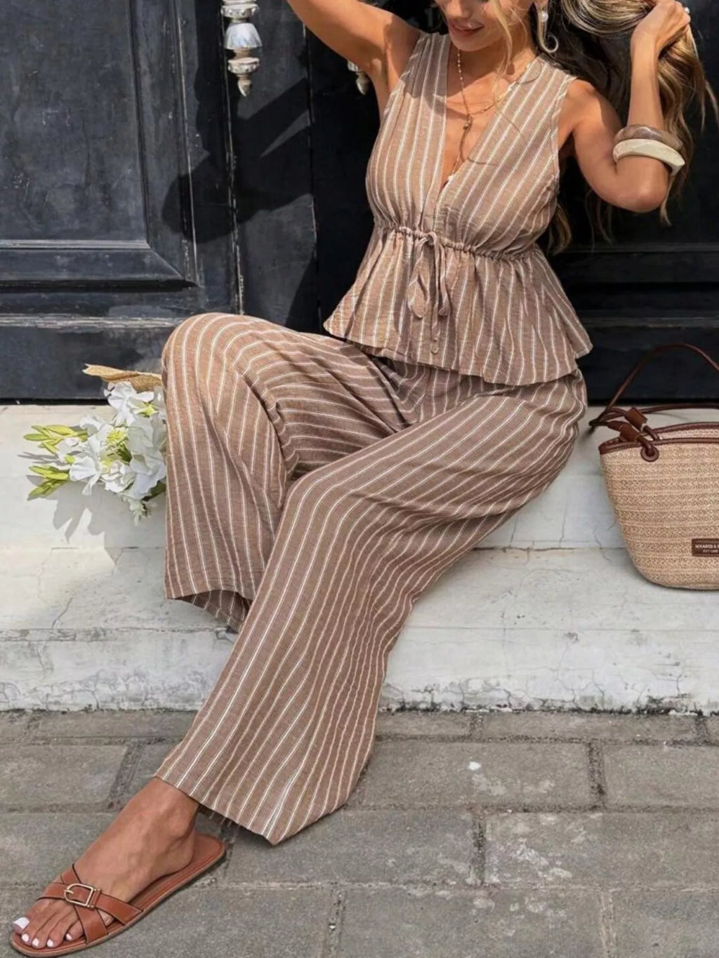 Striped Sleeveless Top and Wide Leg Pants Set