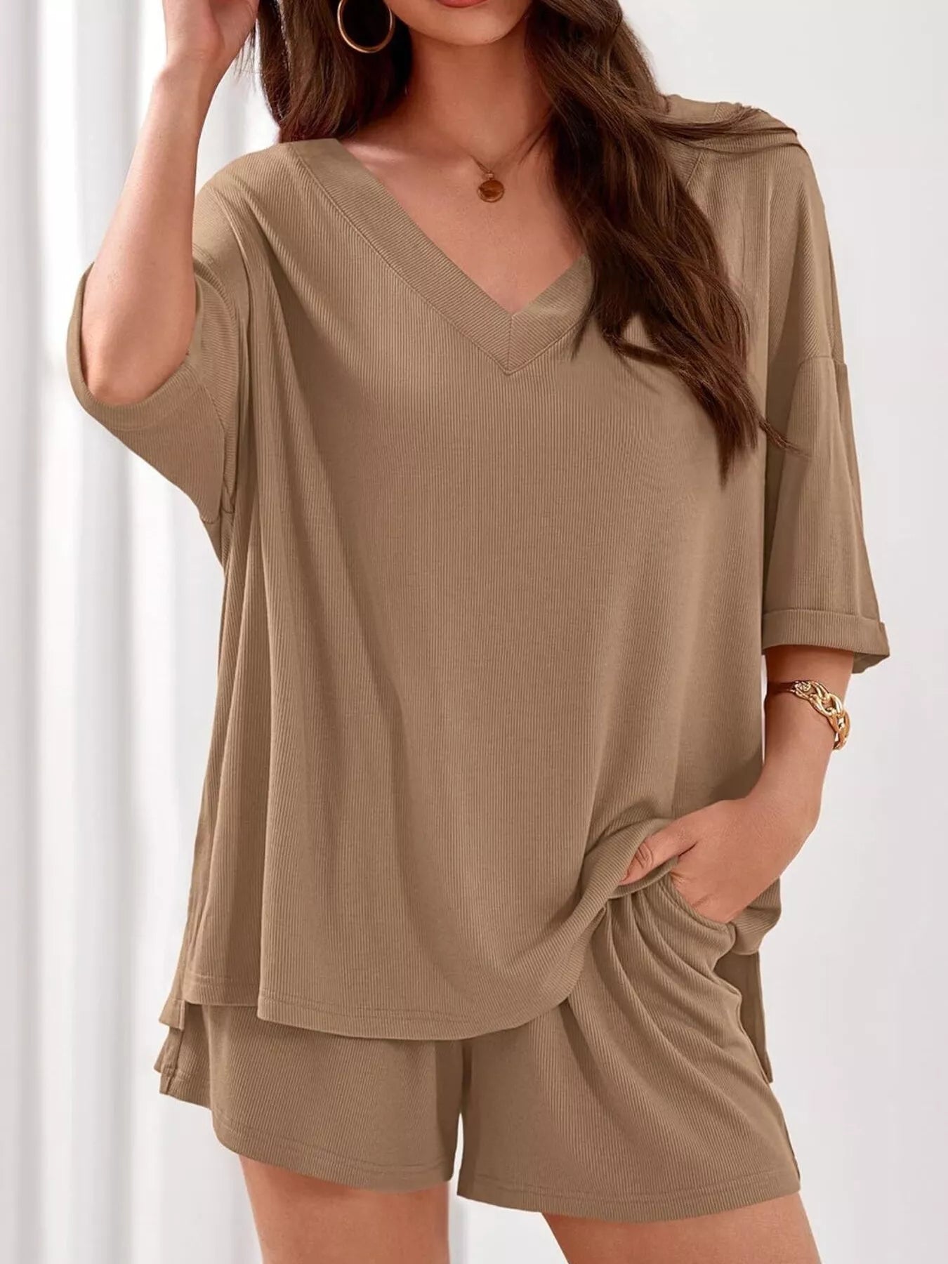 Casual Solid Color V-Neck Top & Shorts Set