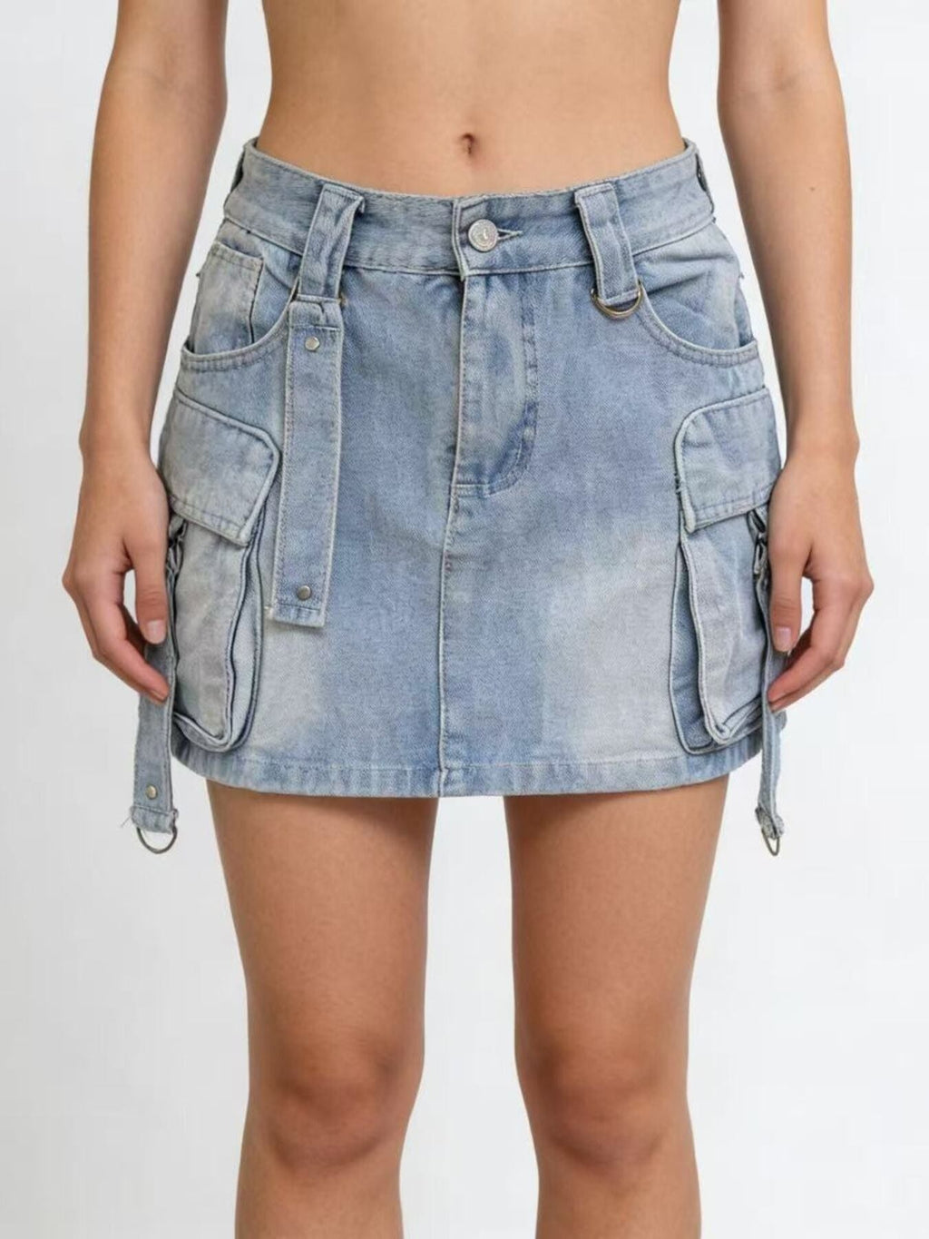 Washed Cargo Denim Skirt
