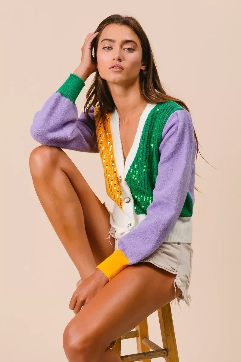BiBi Mardi Gras Color Block Sequin Sweater Cardigan
