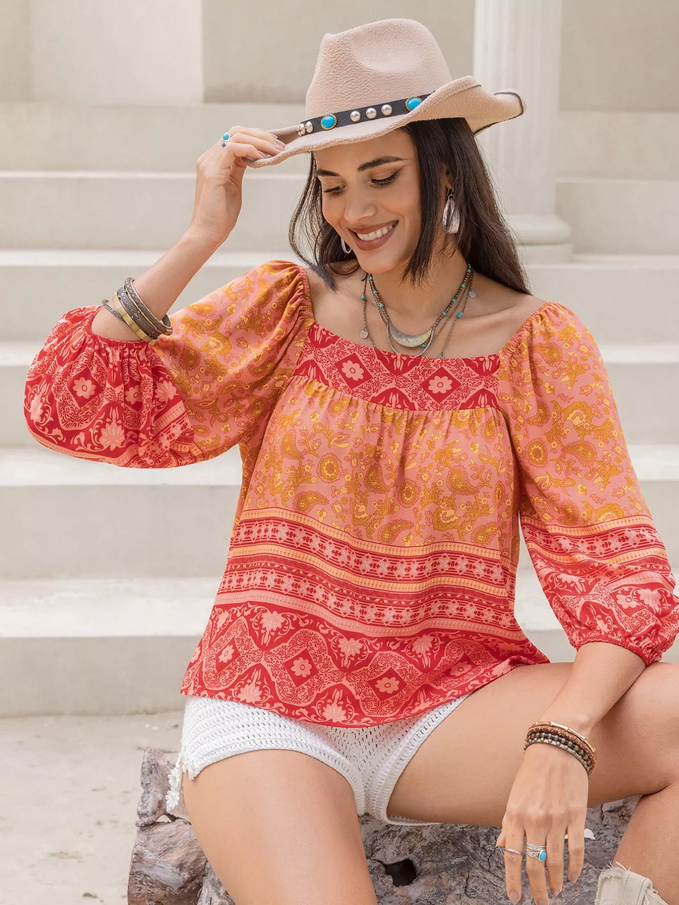 Printed Square Neck Balloon Sleeve Blouse