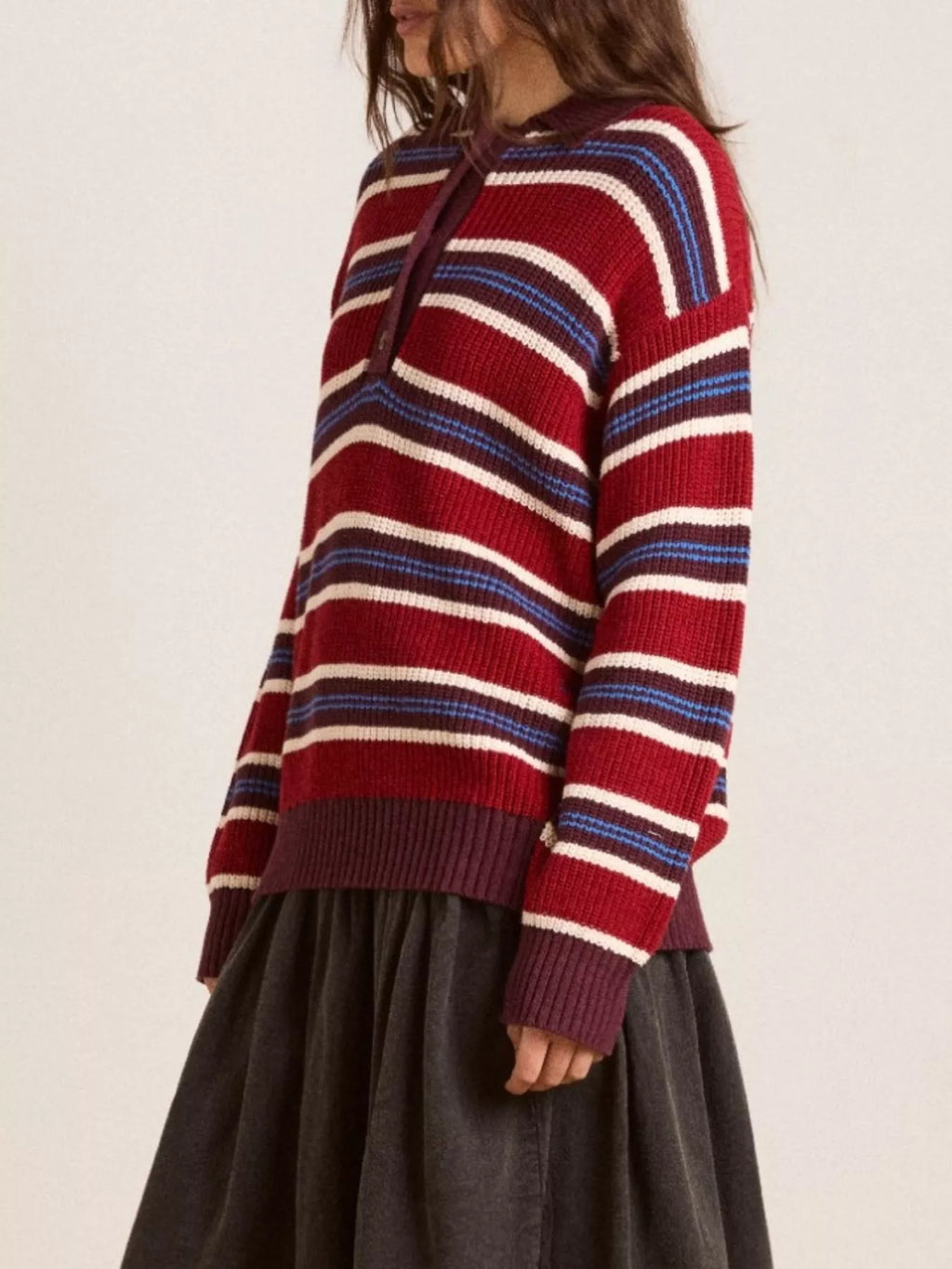Striped Button Detail Polo Collar Sweater