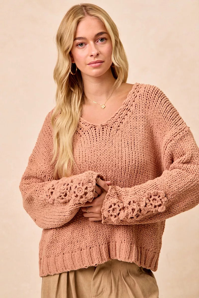 BiBi Chunky Knit Sweater with Flower Detail Sleeves