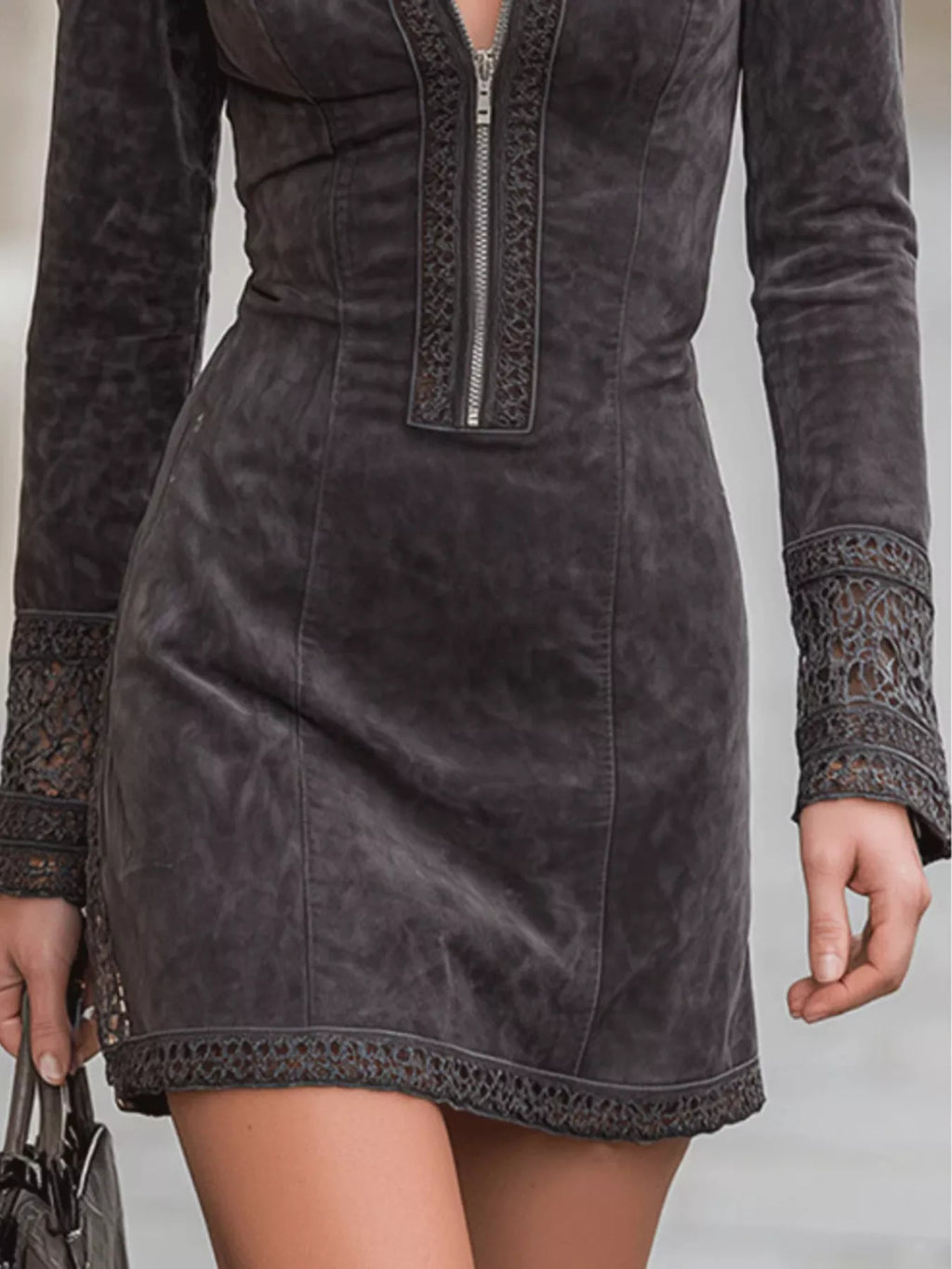 Full Size Lace Detail Zip Front Mini Dress Plus Size
