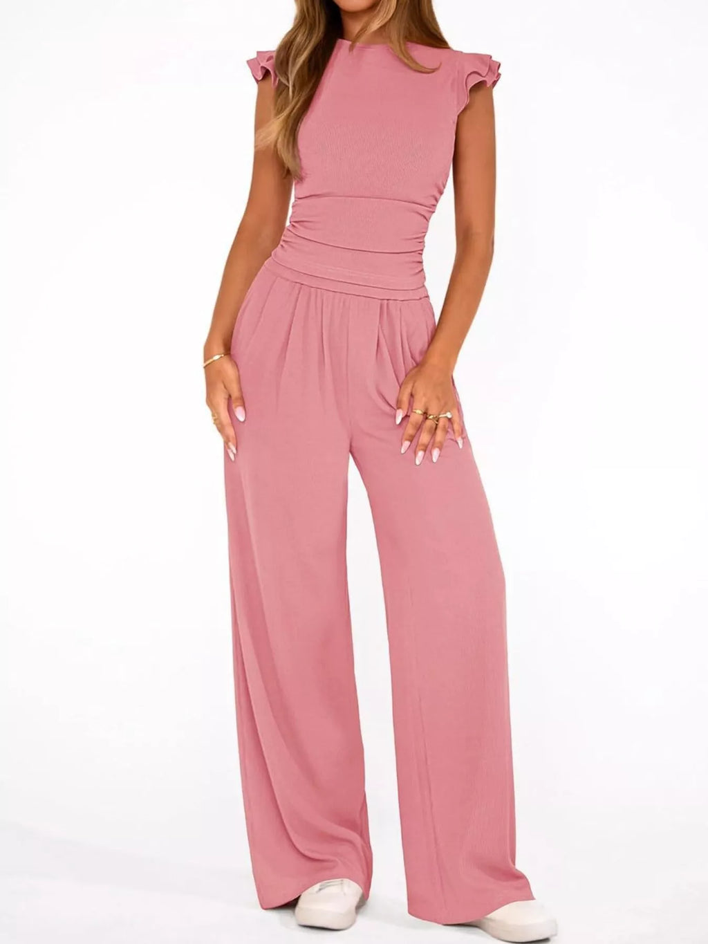 Ruffled Mock Neck Top and Wide Leg Pants Set