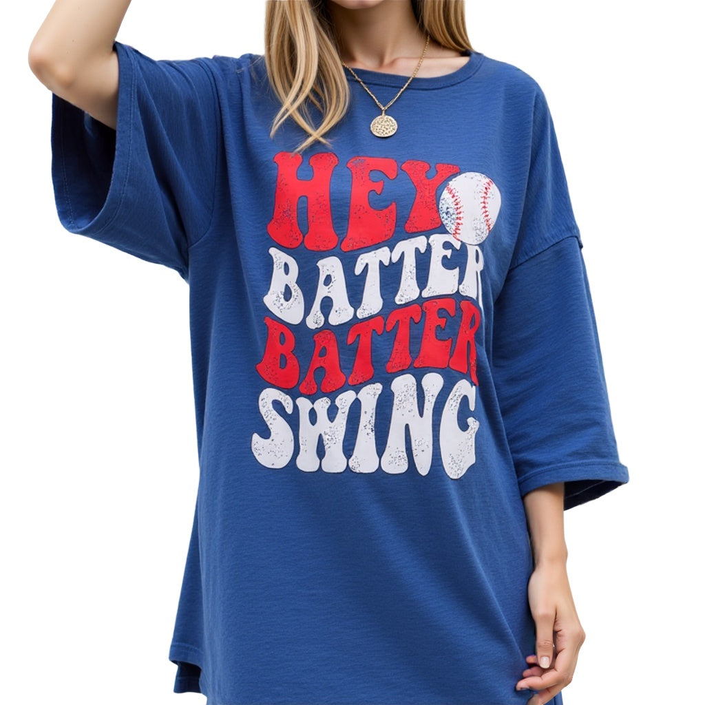 Baseball Mom Oversized Shirt – “Hey Batter Batter” Graphic Tee