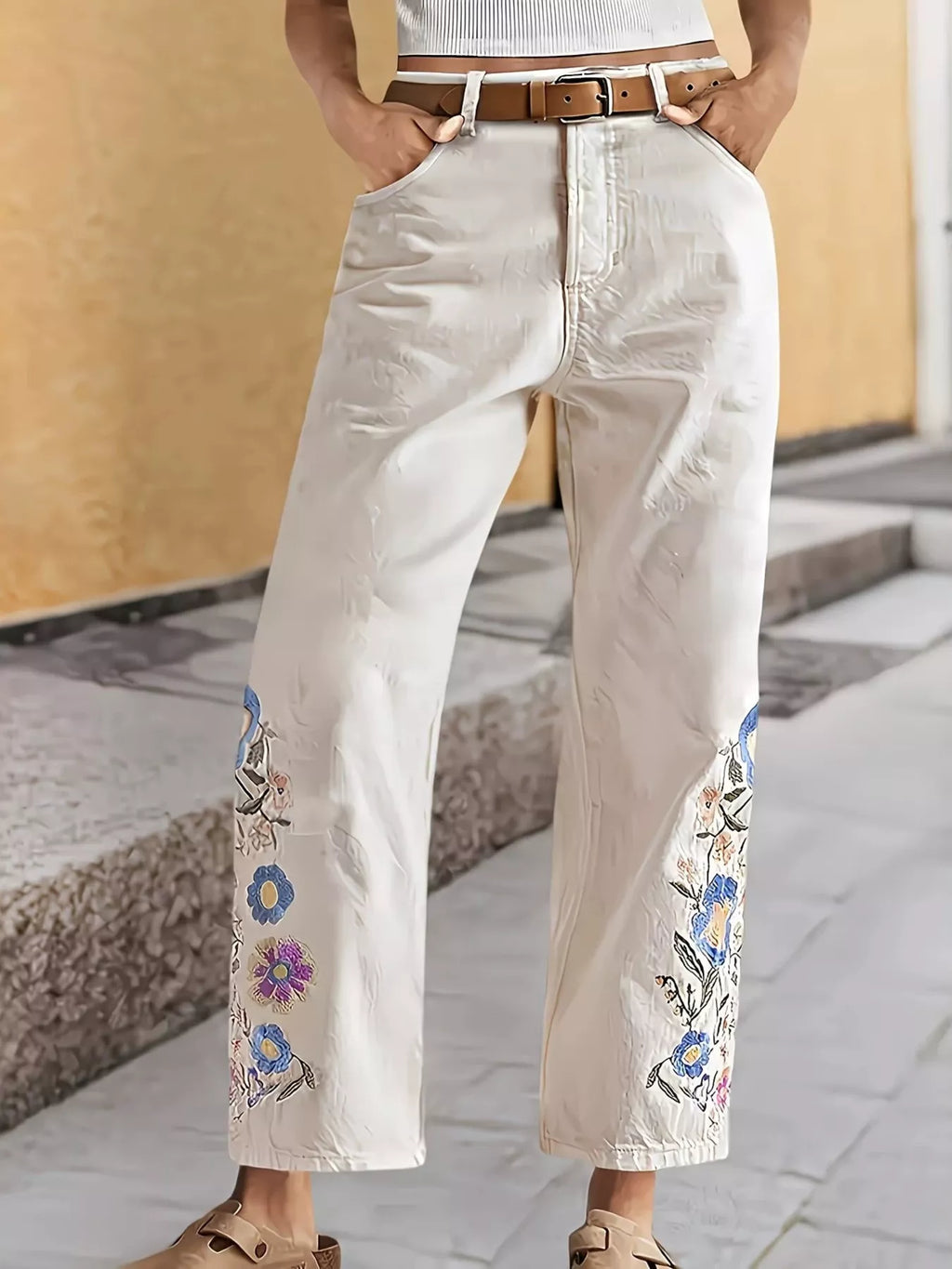 Embroidered Floral Wide-Leg Jeans