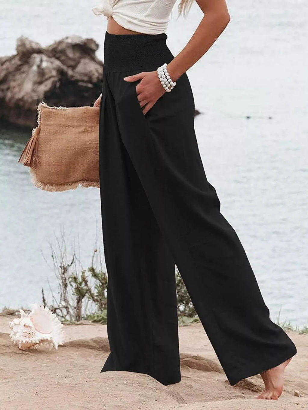 Smocked High Waisted Wide Leg Pants