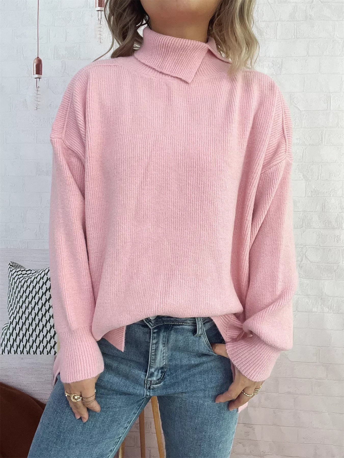 Slit Turtleneck Long Sleeve Sweater