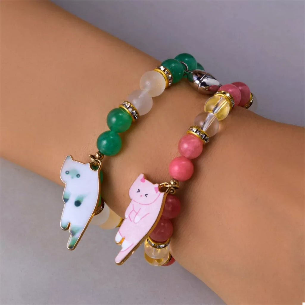 2 Piece Beaded Cat Charm Bracelet
