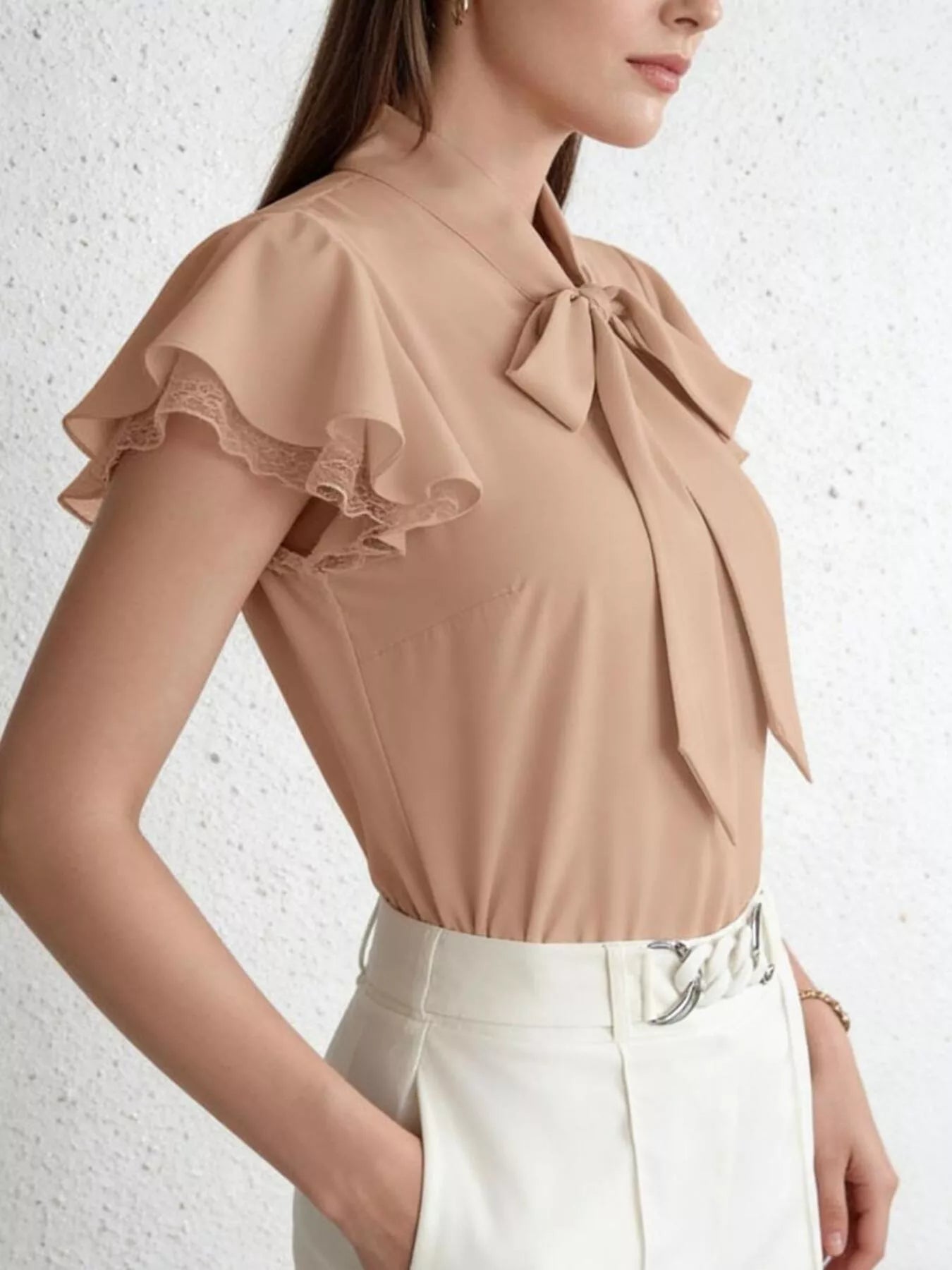 Tie-Neck Ruffle Sleeve Blouse