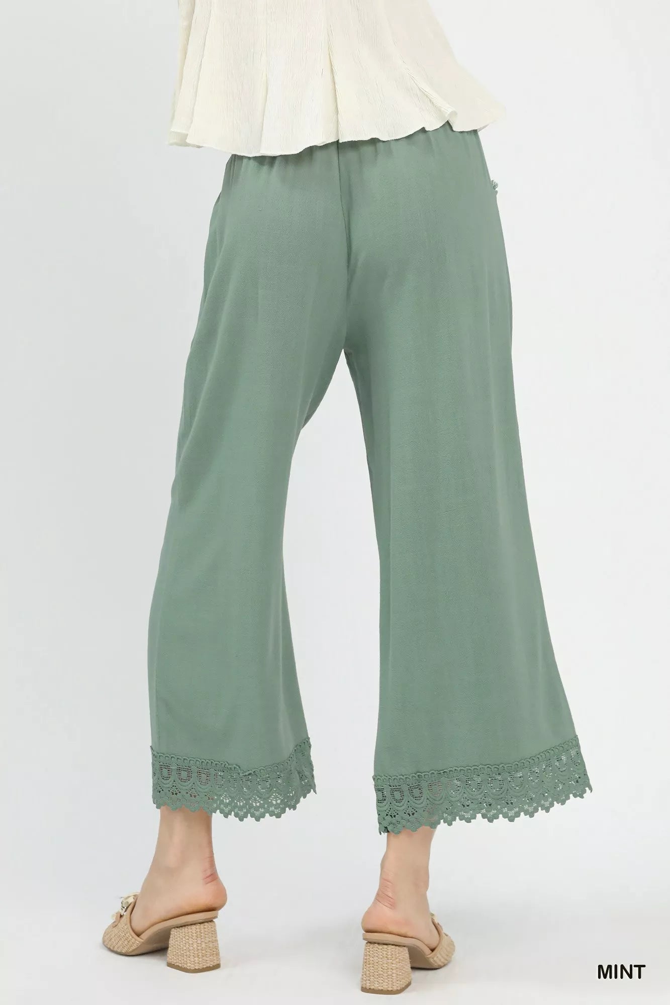 Umgee Linen Wide Leg Cropped Pants with Lace Trim