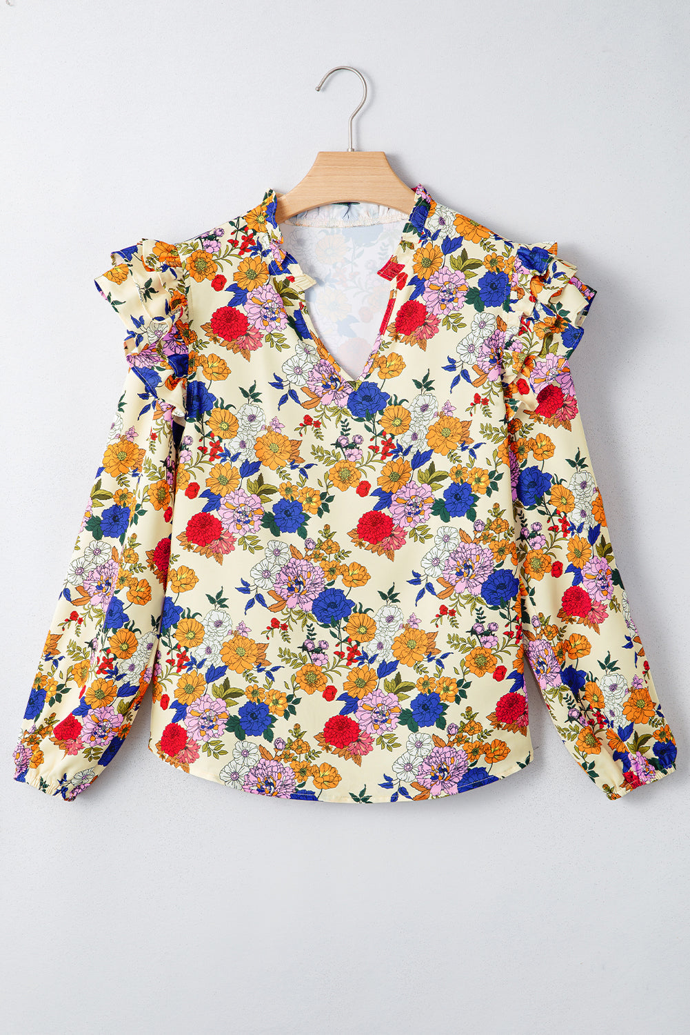 Floral Ruffle Shoulder Long Sleeve Blouse