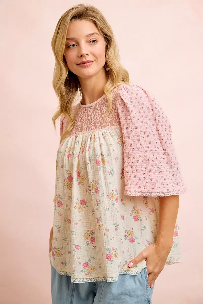 BiBi Crinkle Floral Gauze Mix And Matched Blouse Top