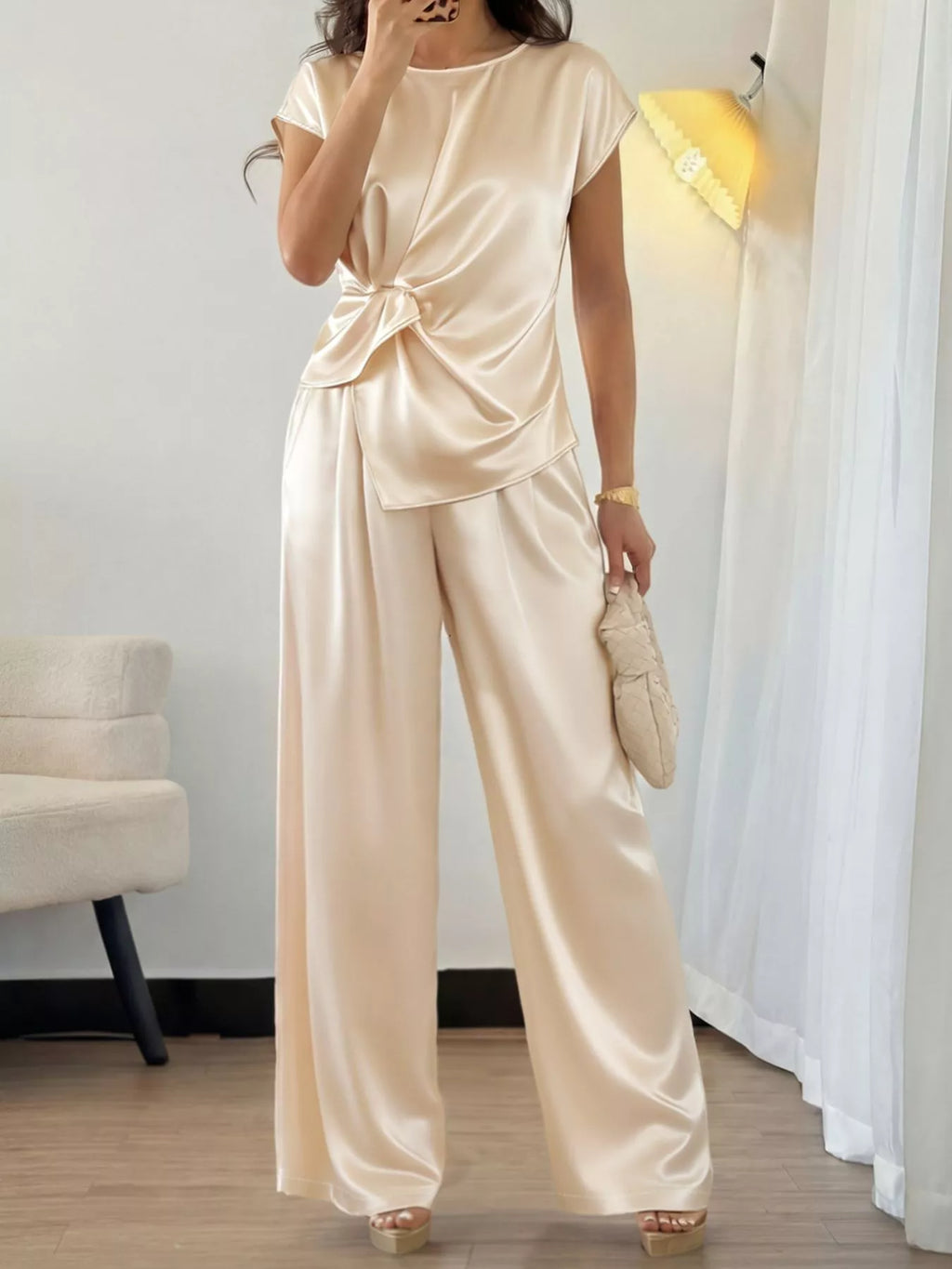 Satin Twist-Front Top and Wide-Leg Pants Set