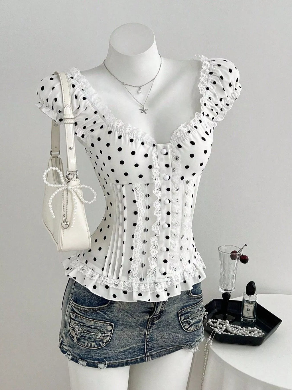 Polka Dot Lace Trim Cap Sleeve Blouse