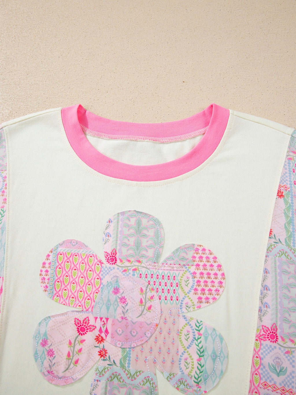 Color Block Floral Patchwork Big Flower Accent Relaxed Top