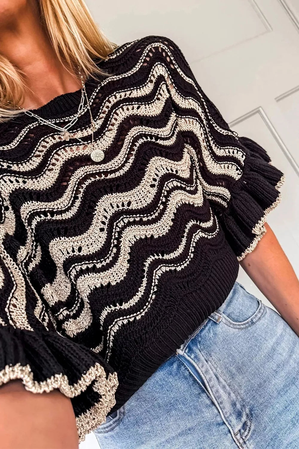 Wave Pattern Ruffle Sleeve Sweater