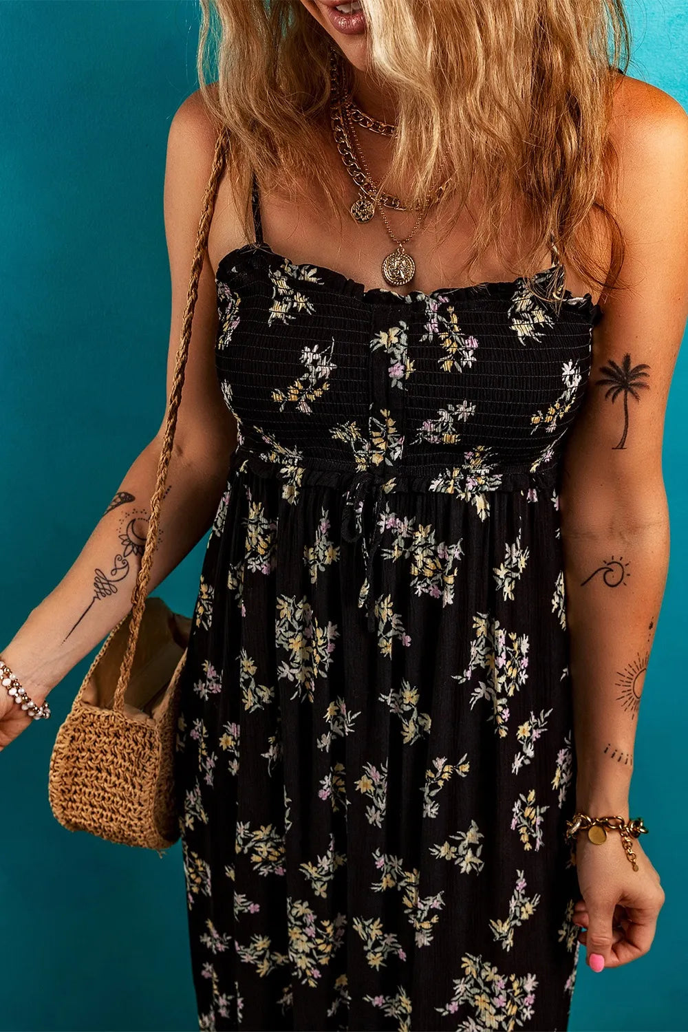 Floral Spaghetti Strap Shirred Bodice Tied Empire Waist Maxi Dress