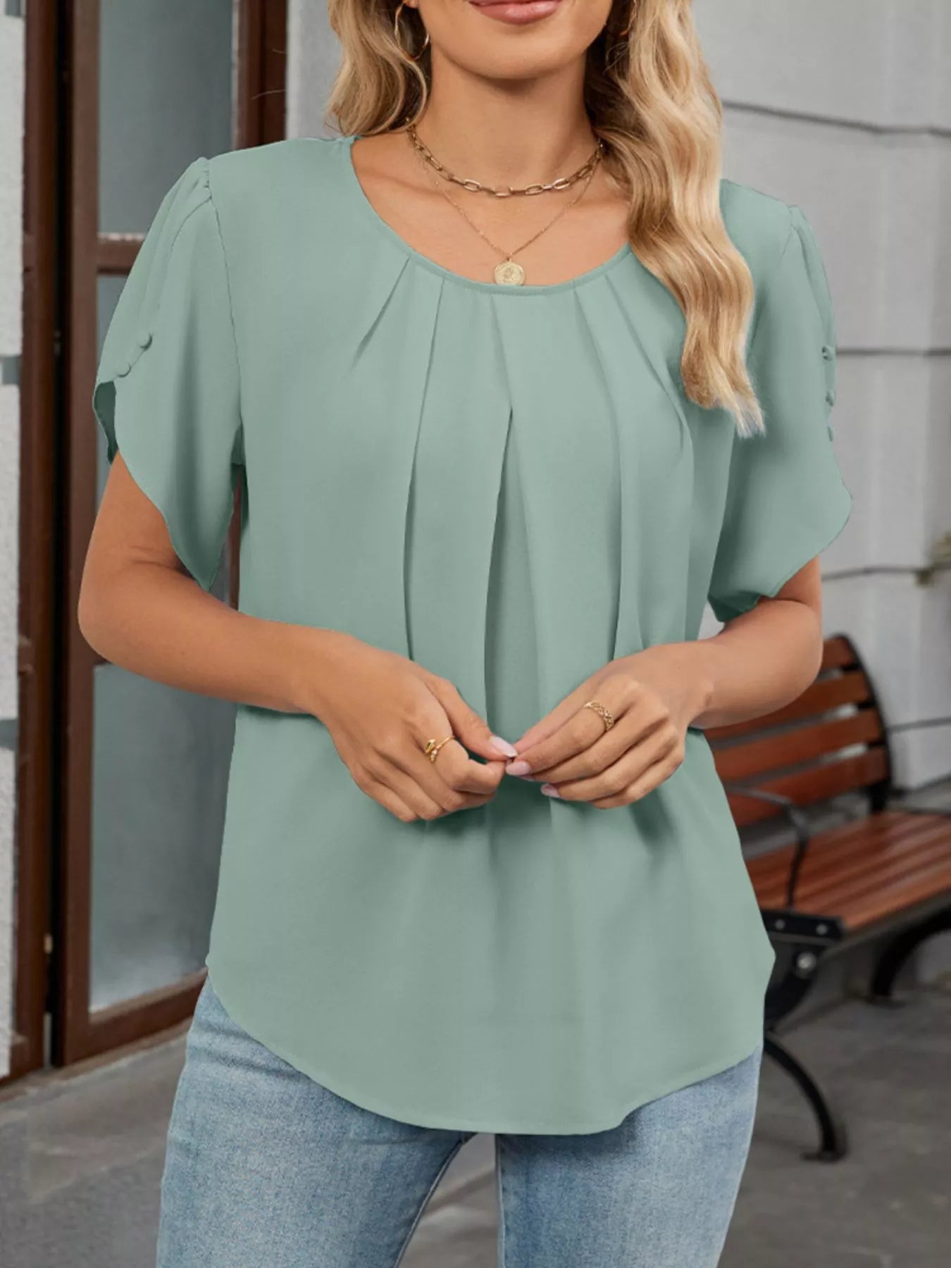 Elegant Pleated Flowy Short Sleeve Blouse