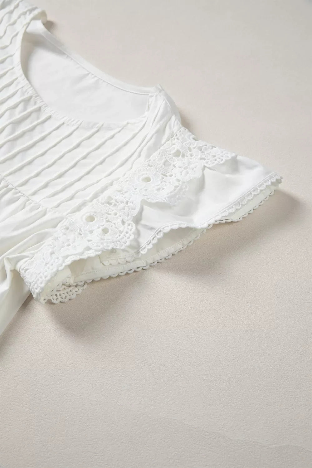Lace Detail Flutter Sleeve Pleated Round Neck Blouse