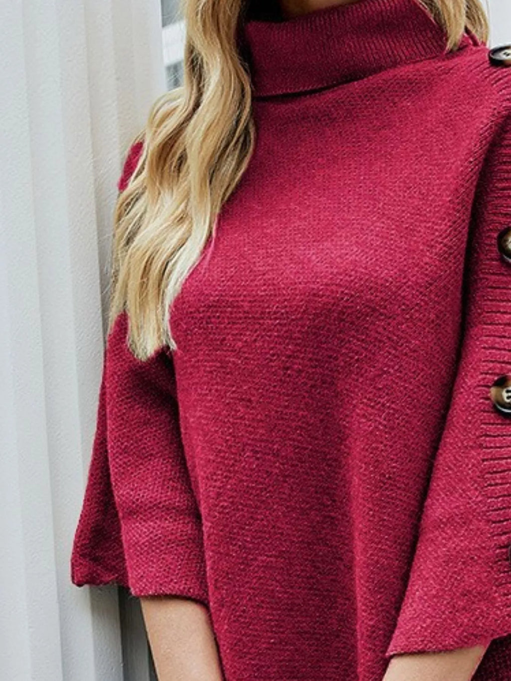 Button-Decor Turtleneck Poncho Pullover