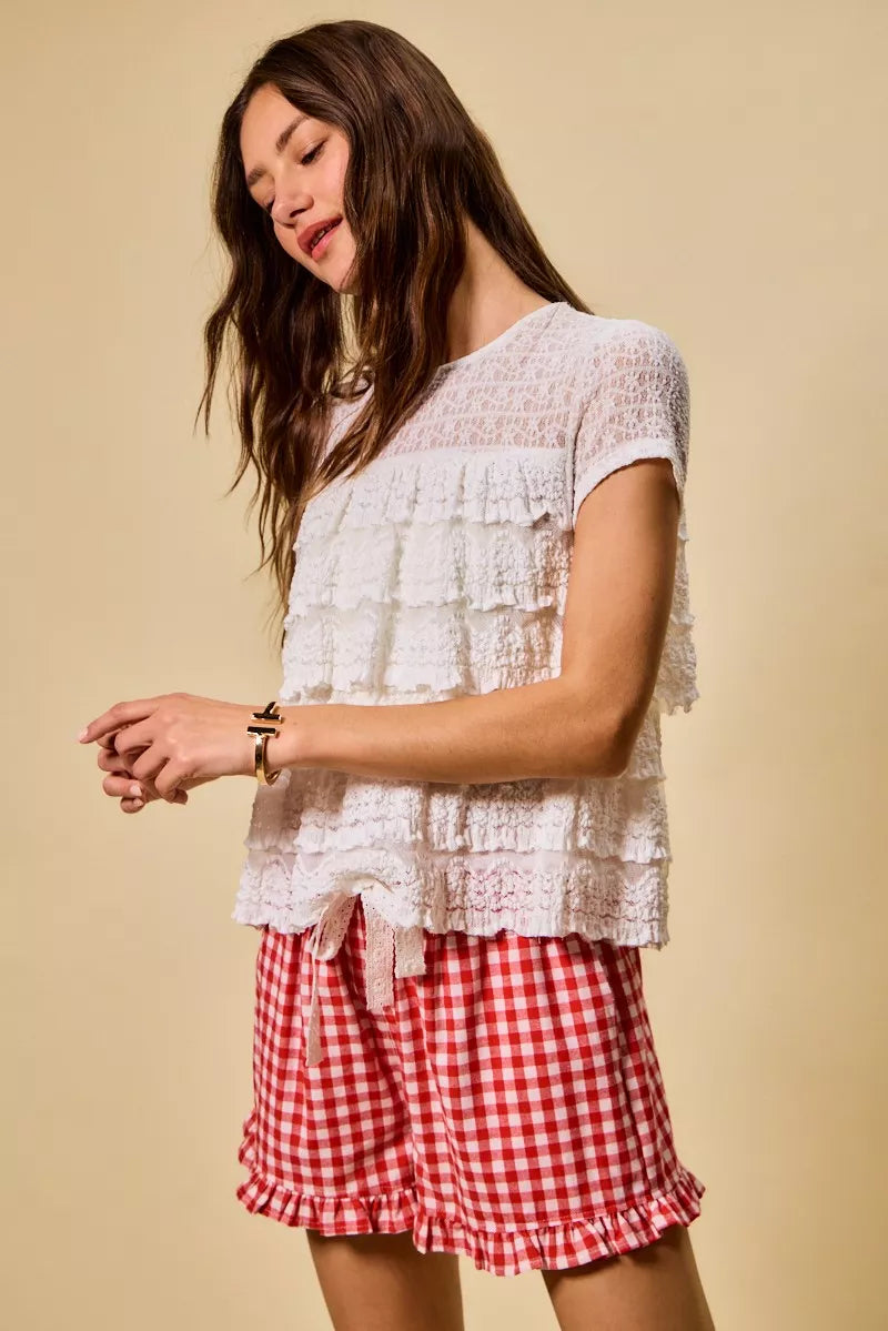SO ME Ruffle Tiered Stretch Lace Short Sleeves Knit Top