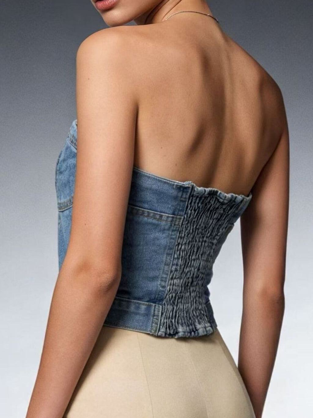 Button-Front Denim Tube Top
