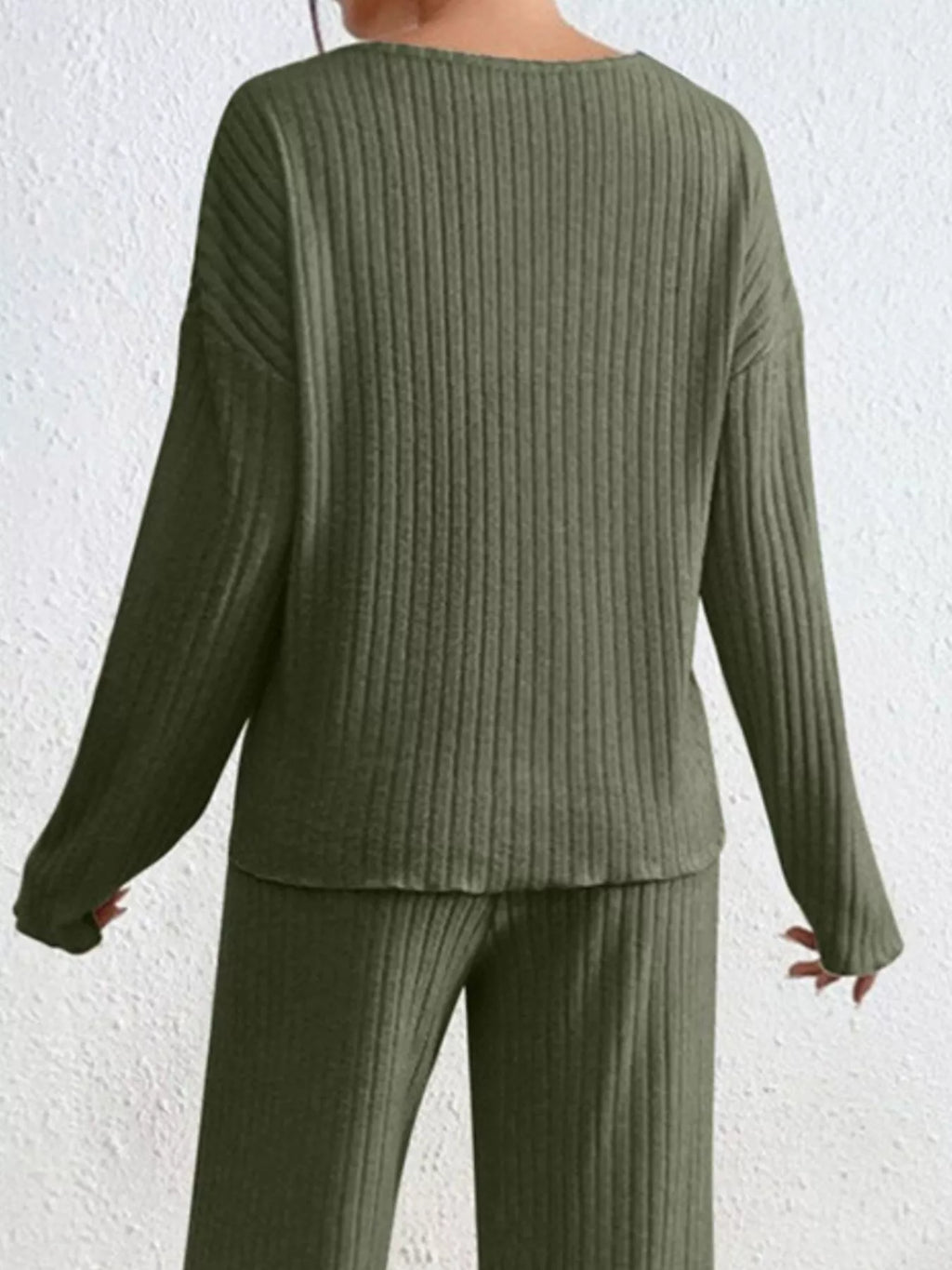 Ribbed Knit V-Neck Top and Pants Set