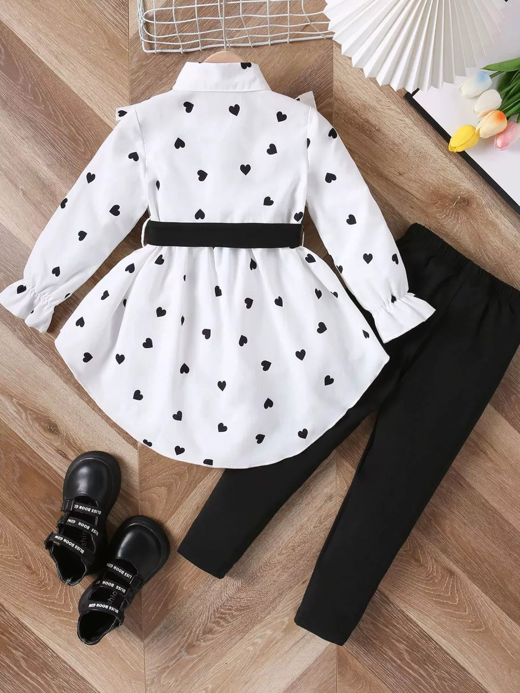 Children's Heart Print Ruffle Trim Shirt & Pants Set with Tie