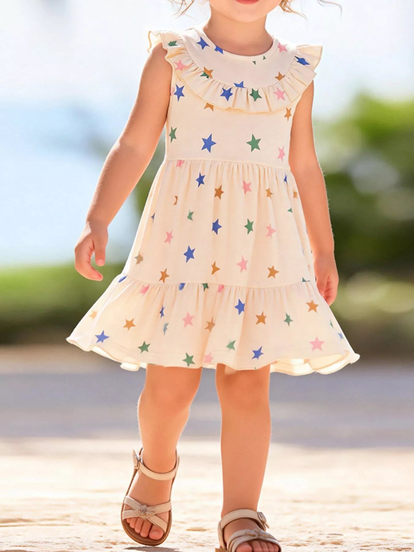 Children's Star Print Ruffle Trim Sleeveless Casual Dress