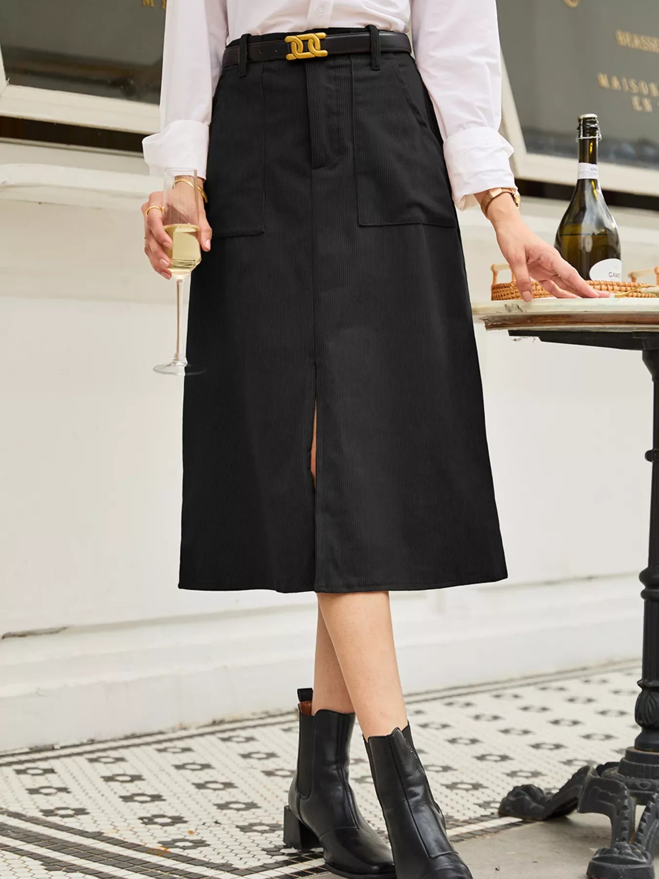 Front Slit Shift High Waist Midi Skirt
