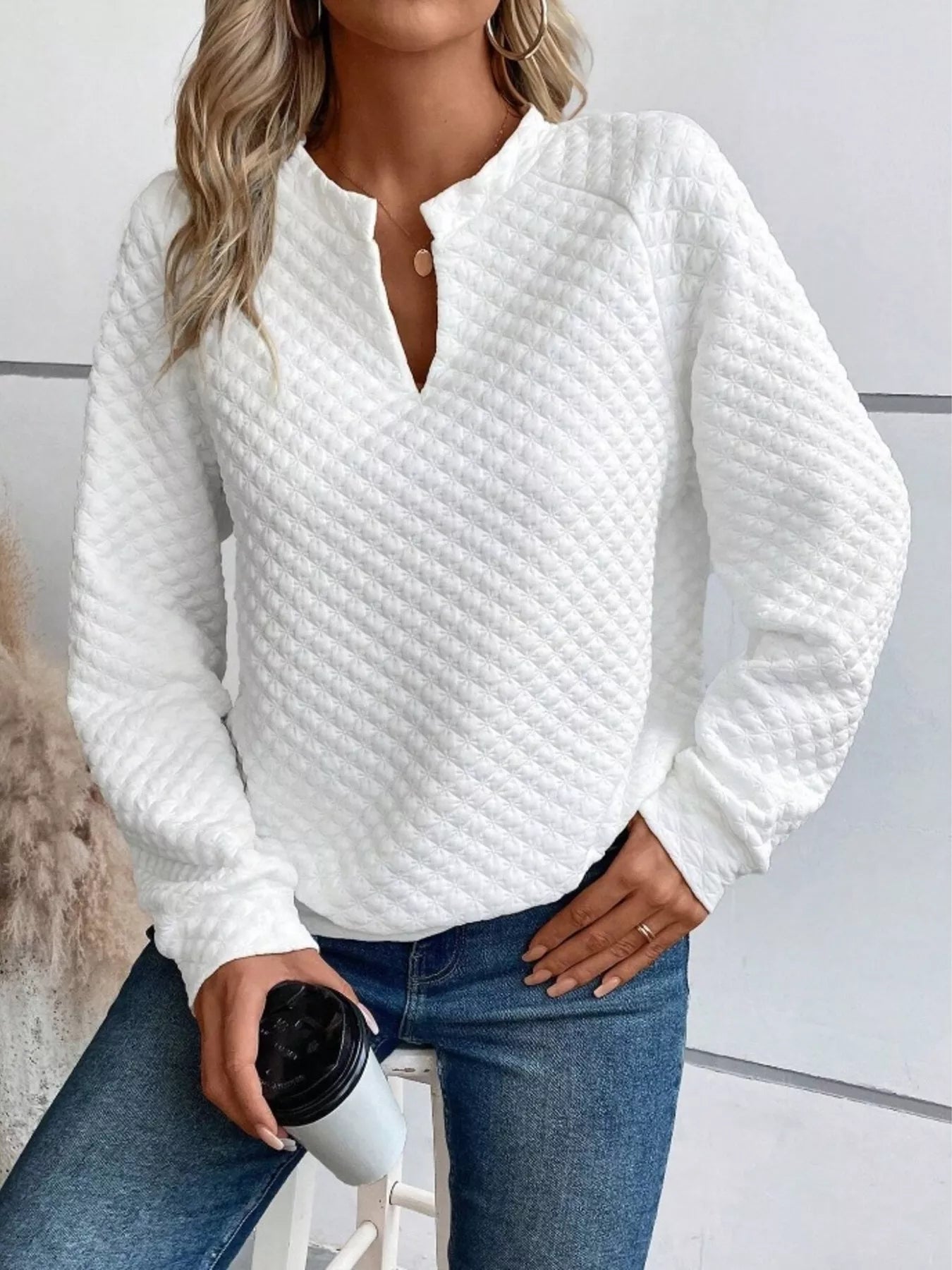 Textured Notched Raglan Sleeve Sweatshirt