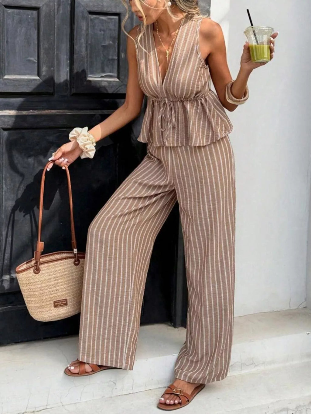 Striped Sleeveless Top and Wide Leg Pants Set
