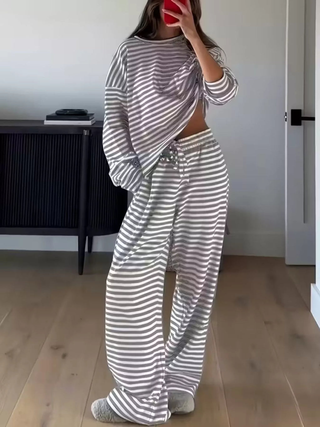 Striped Round Neck Top and Pants Set