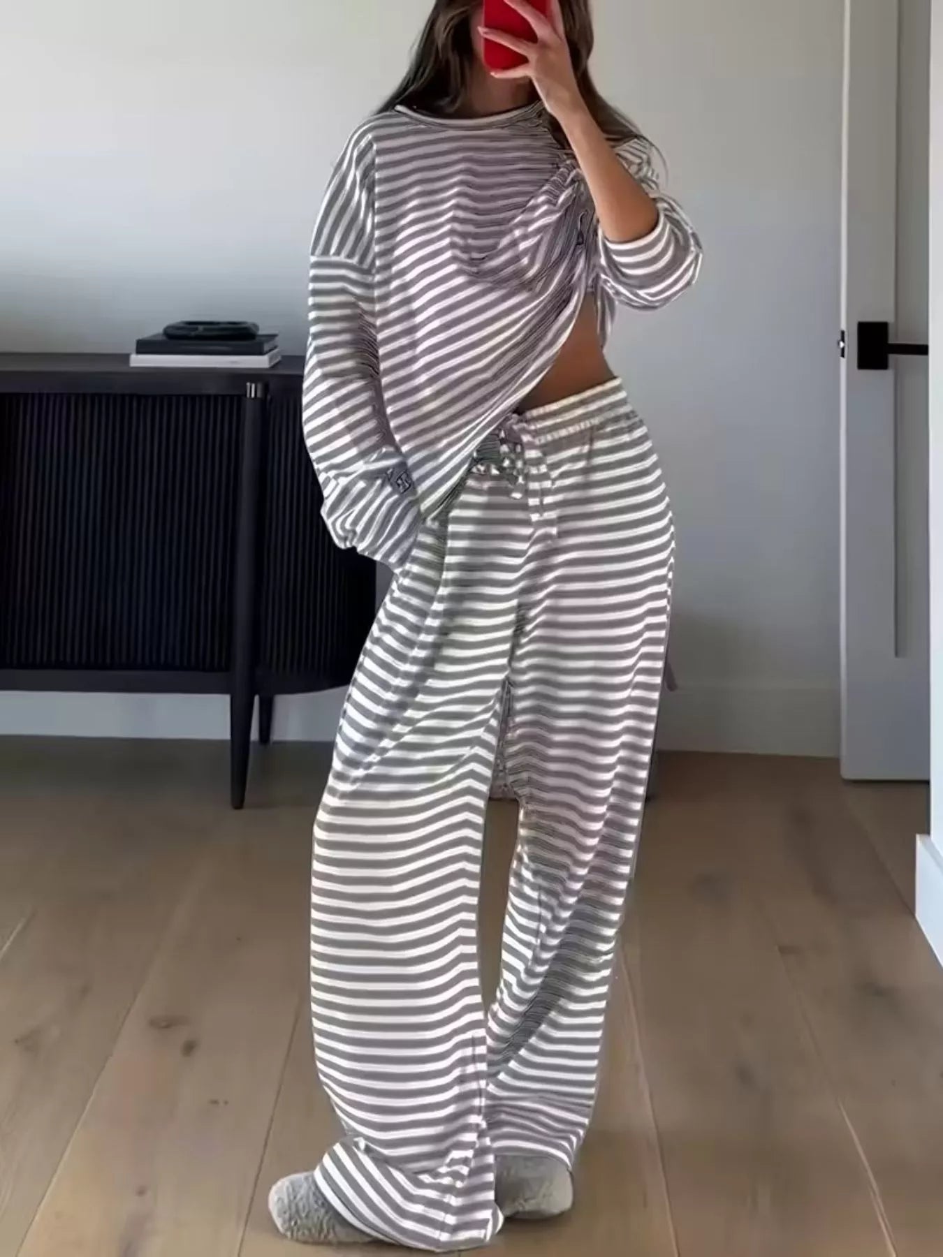 Striped Round Neck Top and Pants Set