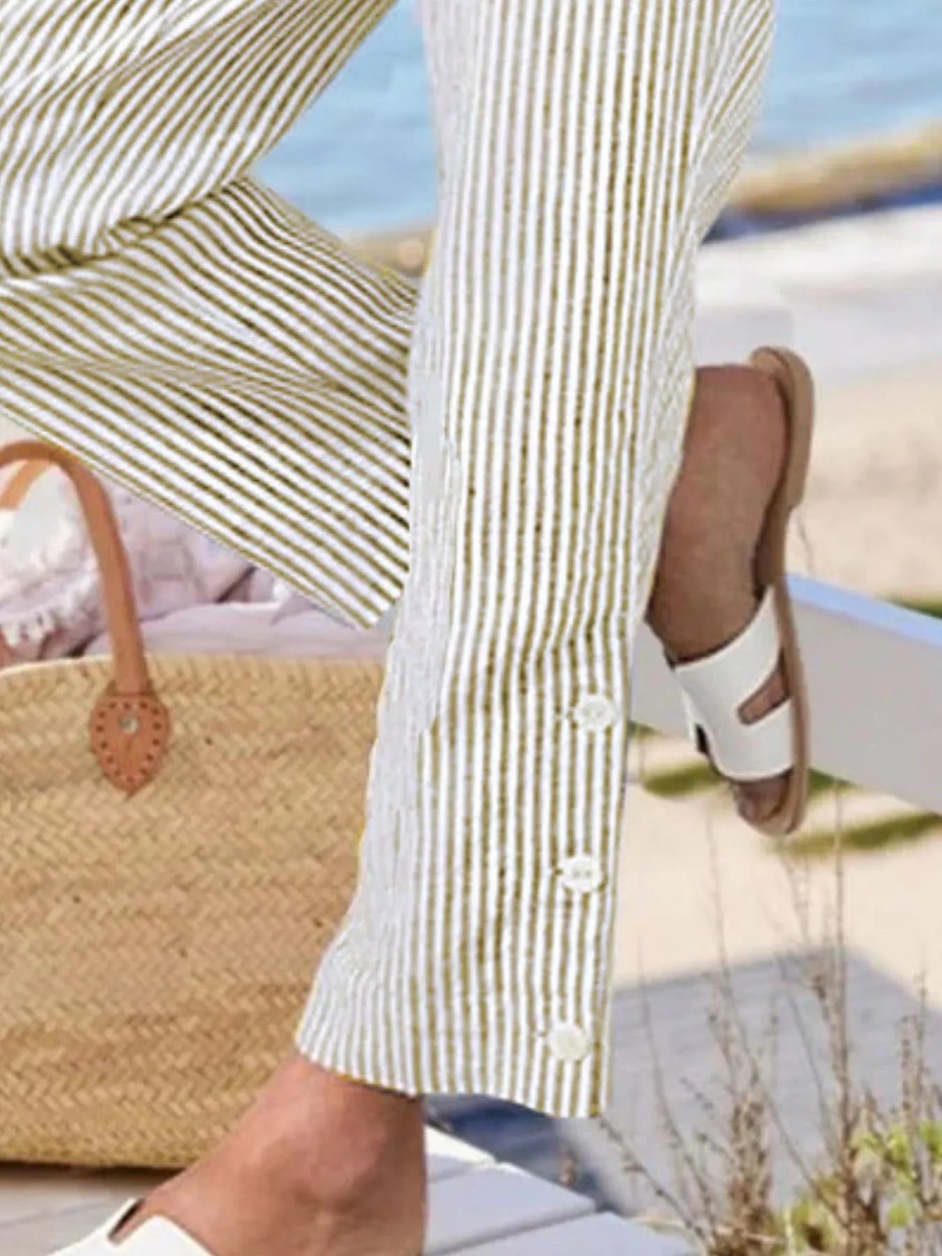 Full Size Striped Side Button Detail Pants Plus Size
