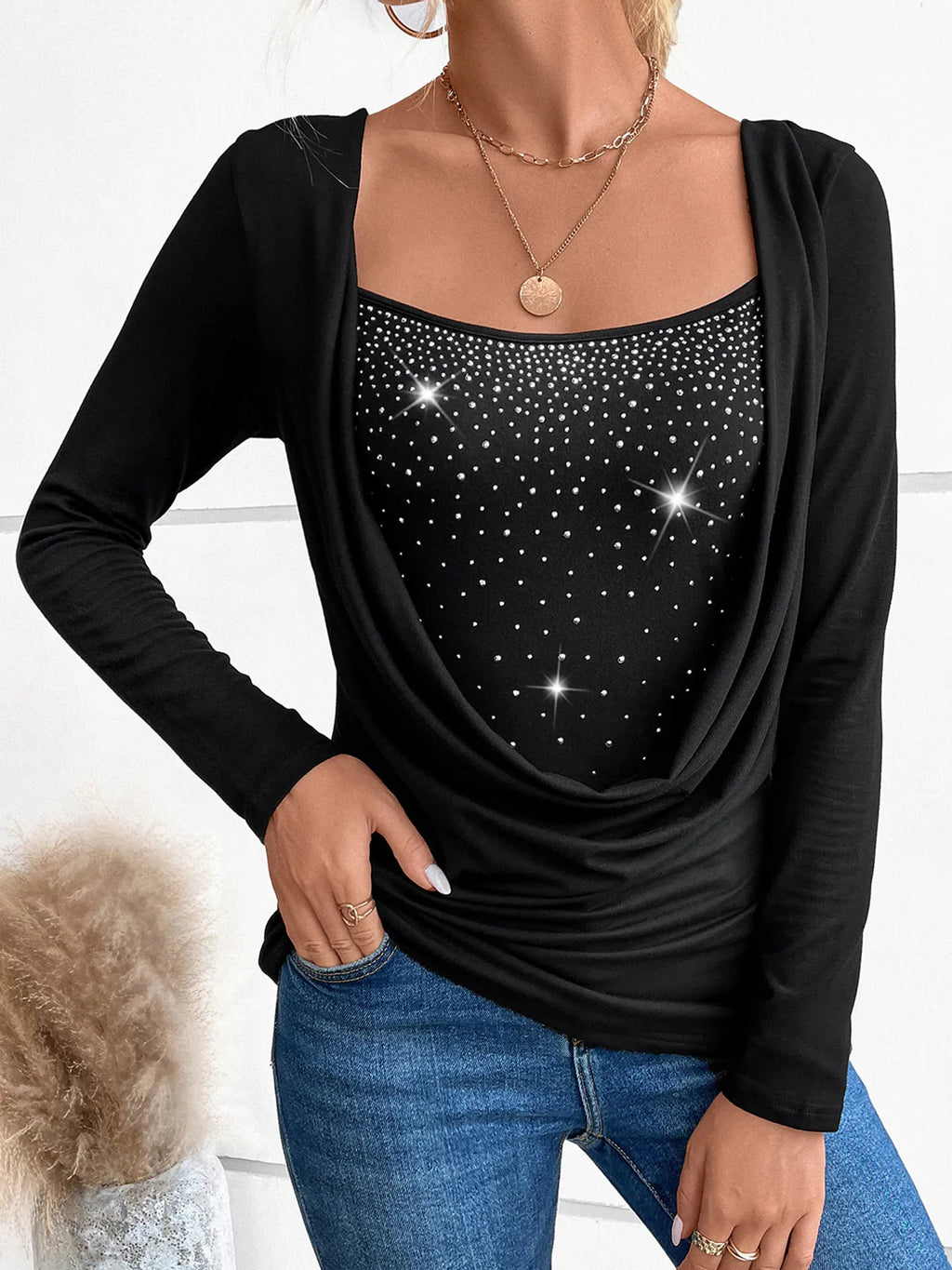 Rhinestone Ruched Long Sleeve T-Shirt