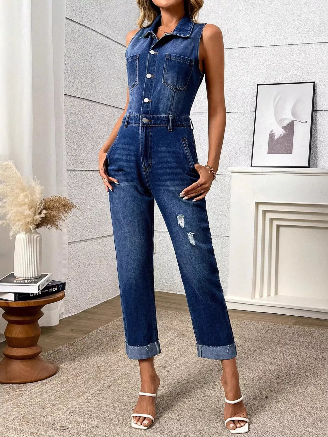 Sleeveless Button Front Denim Jumpsuit