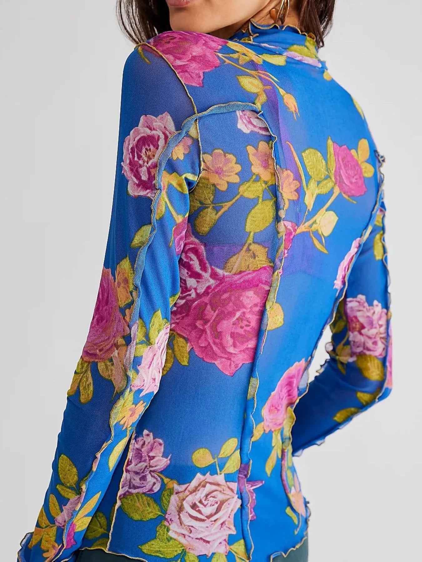 Floral Print Mock Neck Long Sleeve Top