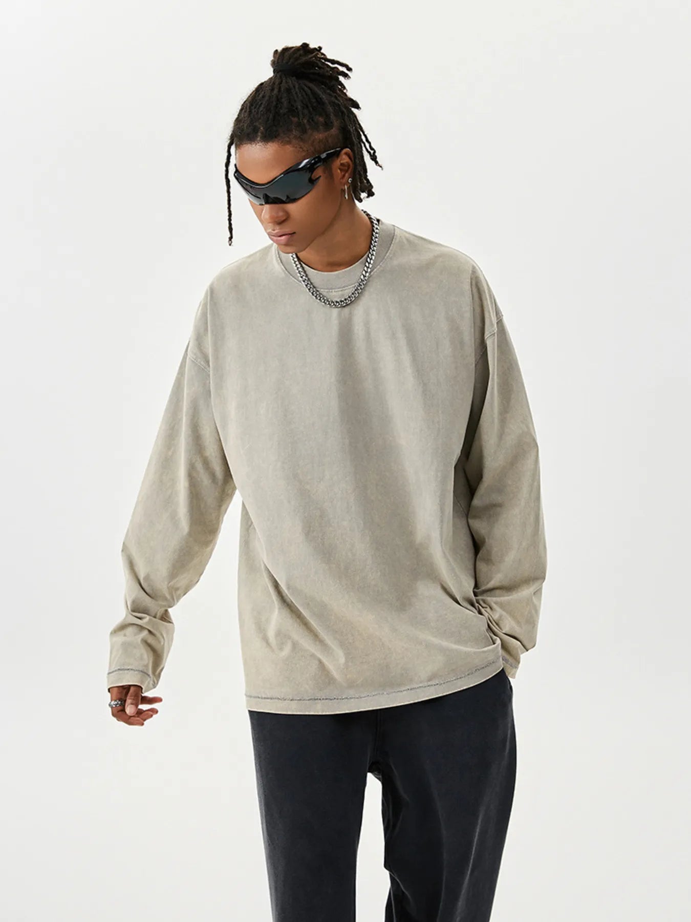 Men's Washed Round Neck Long Sleeve T-Shirt