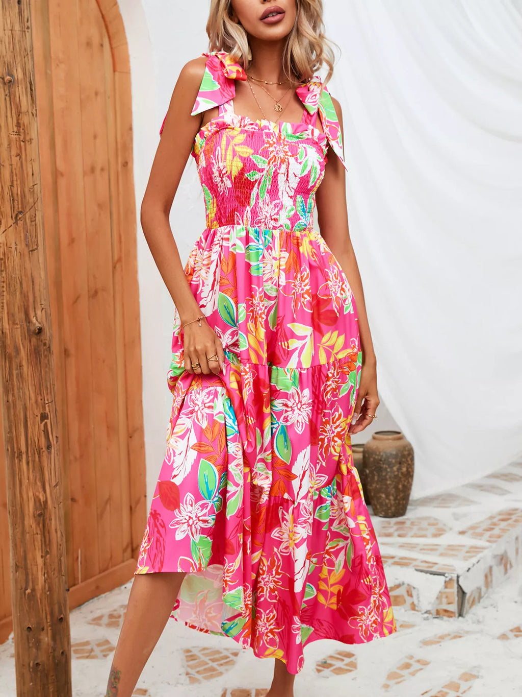 Tropical Print Smocked Tie-Strap Dress
